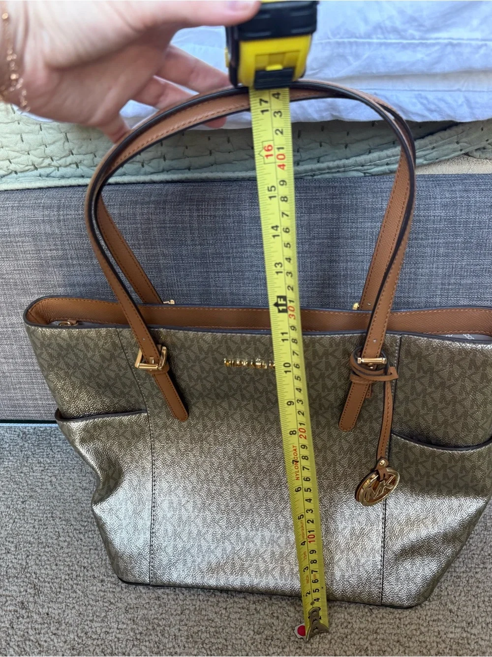 Michael Kors Metallic Gold Champagne Silver Logo Tote with Tan Straps